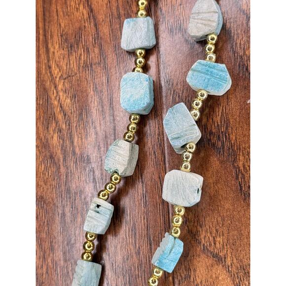 Vintage Egyptian Larimar Carved Stone Scarab Beetle Revival Beaded Necklace Teal - Picture 6 of 6